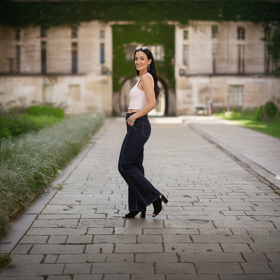 Middle Waist Pleated Wide Leg Denim